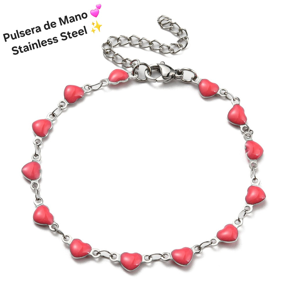 Pulsera de Mano Corazon rosa plata