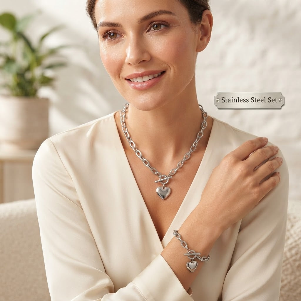 Set 2pcs Cadena y pulsera de Mano Corazon Plata✨️