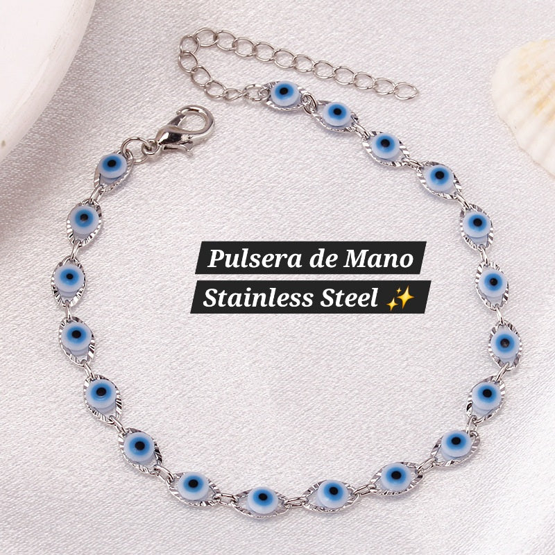 Pulsera de Mano Ojo Turco 🧿✨️ (Plata,Blanco)