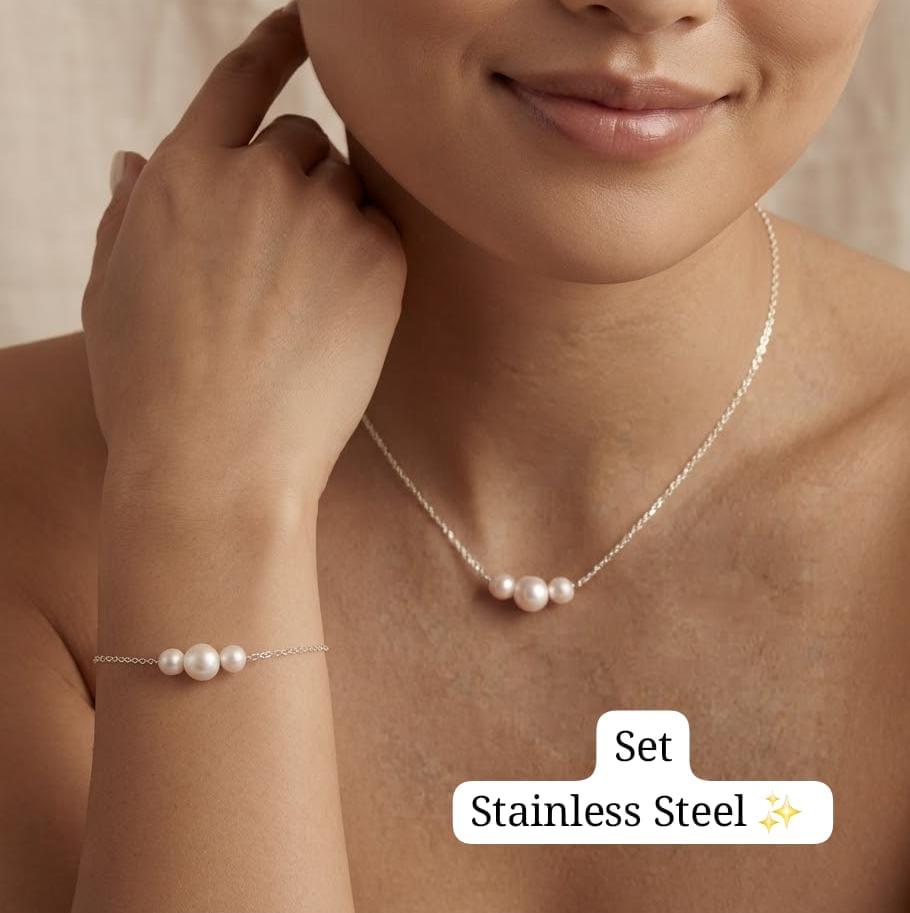 Set Cadena+Pulsera 3 perlas (Plata)✨️