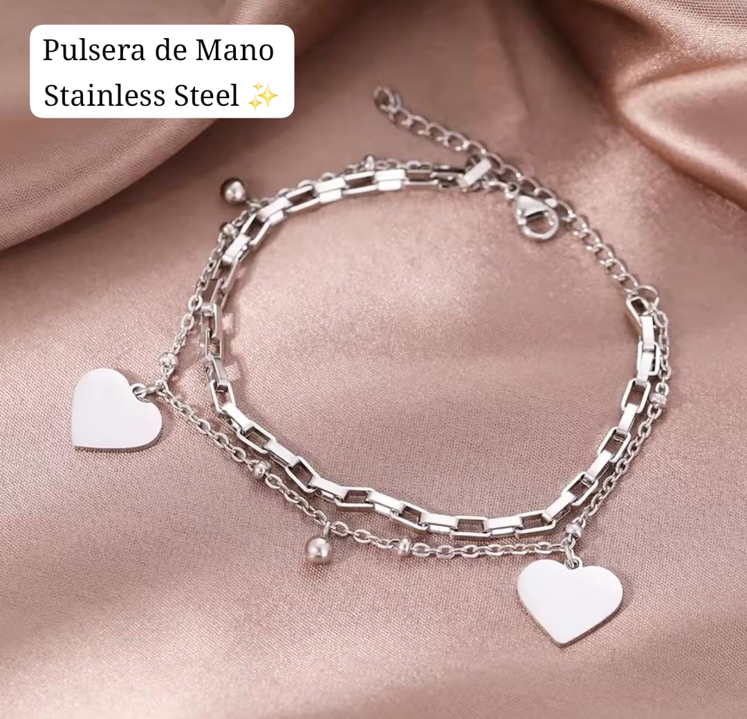 Pulsera de Mano Corazon 2 cadena en 1 Pulsera (Plata) ✔️ 🤍