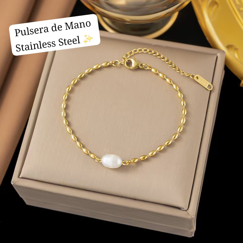 Set de 2 pcs de perla (Cadena y Pulsera de Mano) Dorado ✨️
