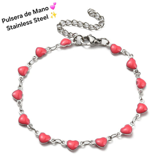 Pulsera de Mano Corazon rosa plata