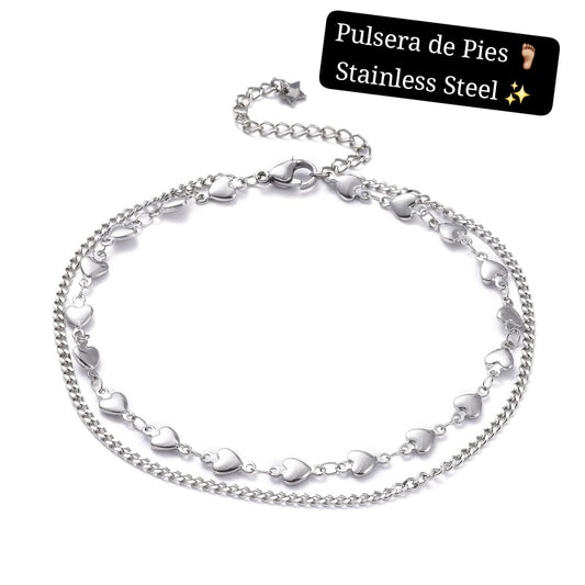 Pulsera de Pies 2 en 1 cubana corazón plata