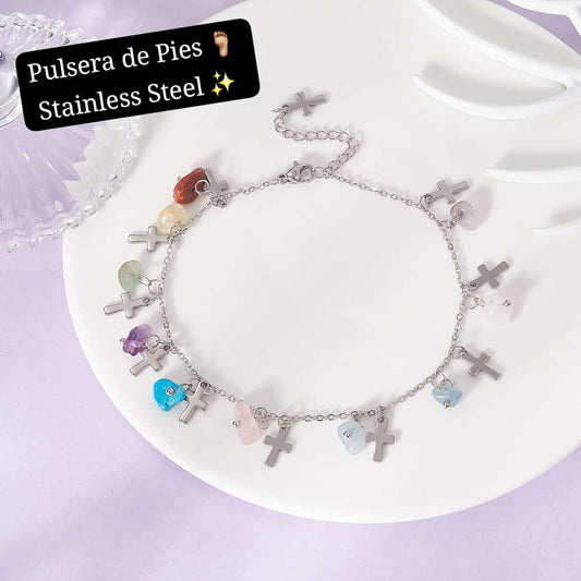 Pulsera de Pies de Cuarzo Cruz