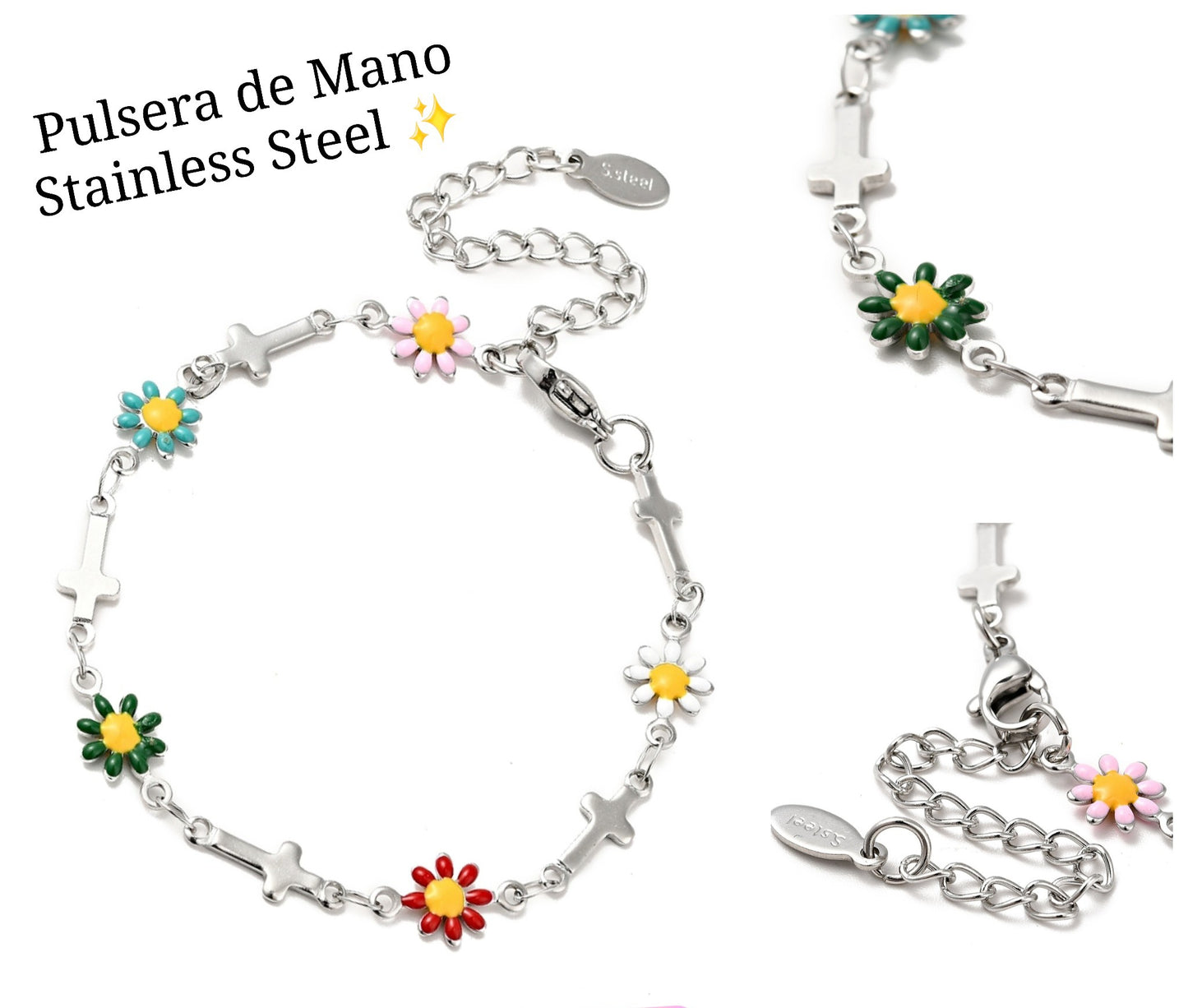 Pulsera de Mano Cruz Girasoles (plateada) ✝️🌻✨️