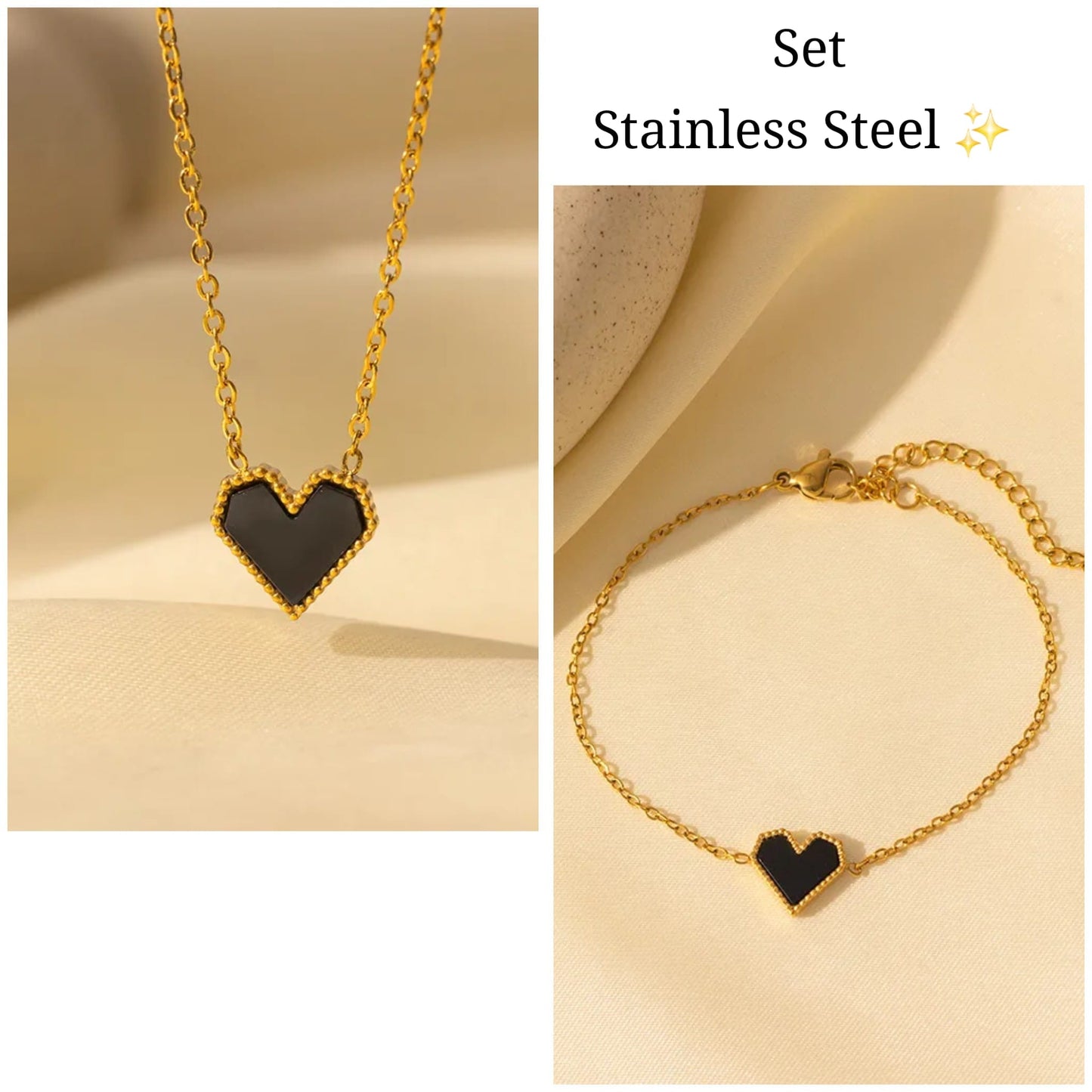 Set cadena y pulsera de Mano Corazón 🫶🏼 (Dorado y Negro)✨️