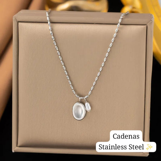 Cadena estilo granos con charm circular y perla (Plata)🤍