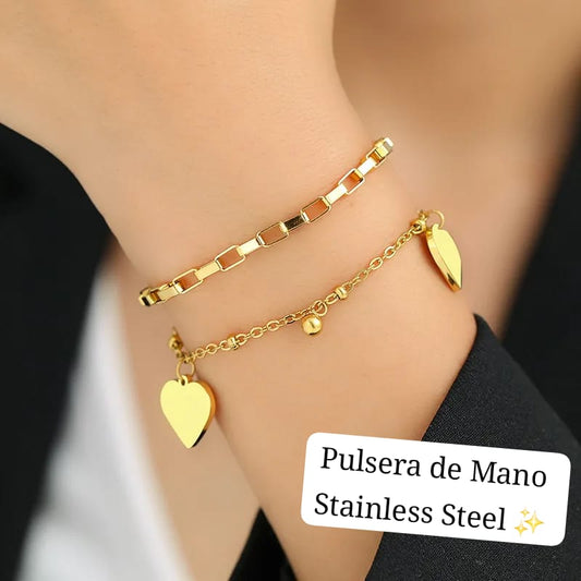 Pulsera de Mano Corazon 2 cadena en 1 Pulsera (Dorado) ✔️ 💛
