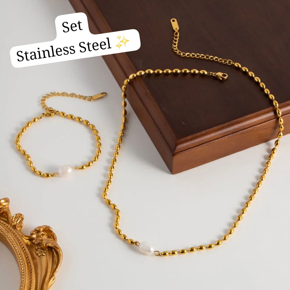 Set de 2 pcs de perla (Cadena y Pulsera de Mano) Dorado ✨️