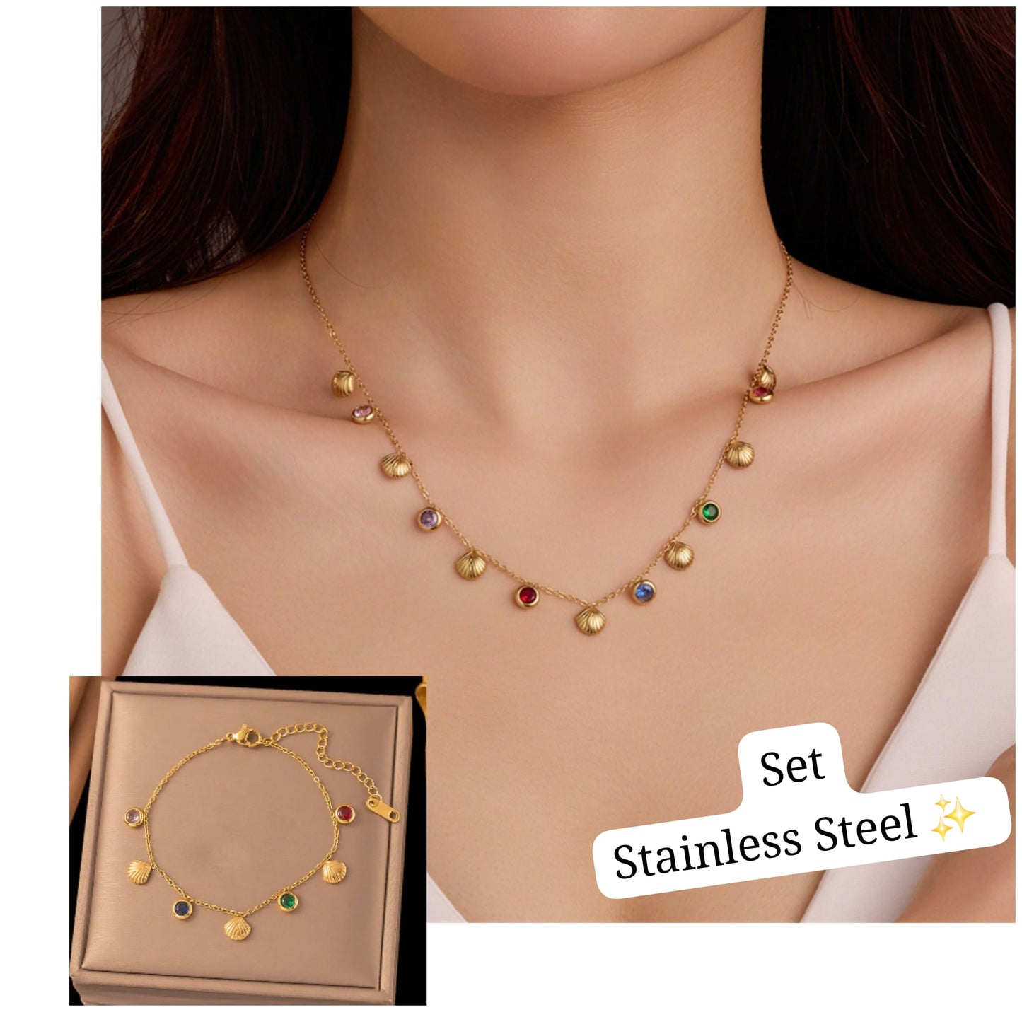 Set de concha diamantes de colores (dorado)✨️