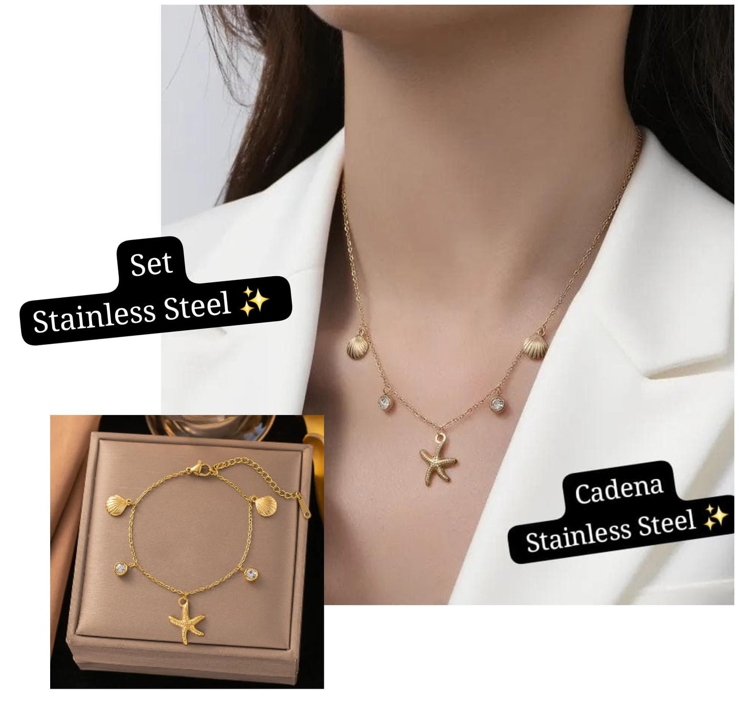 Set estrella y concha diamantes en dorado✨️