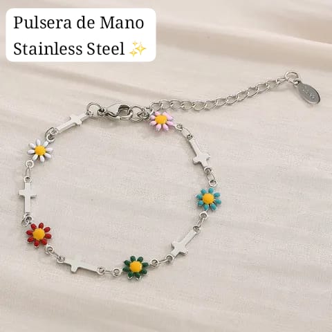 Pulsera de Mano Cruz Girasoles (plateada) ✝️🌻✨️