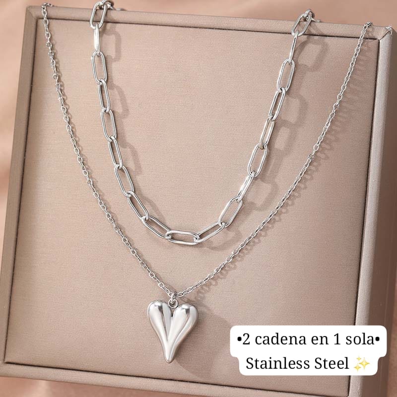 •2 cadena en 1 sola•
(Diseño eslabon largo/ corazon)
(Plata)