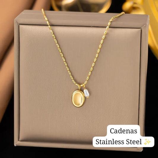 Cadena estilo granos con charm circular y perla (Dorado)💛