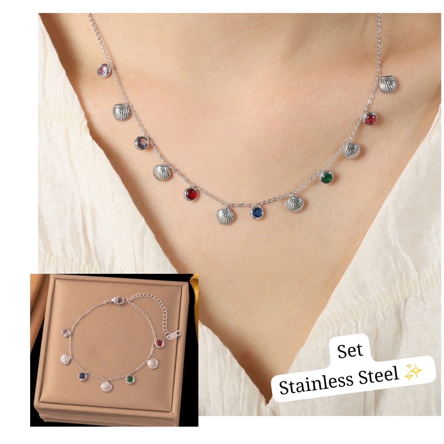 Set de concha diamantes de colores (Plata)✨️