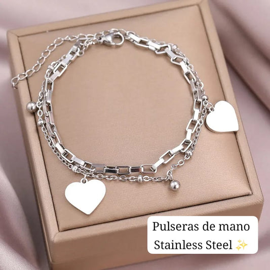 Pulsera de Mano Corazon 2 cadena en 1 Pulsera (Plata) ✔️ 🤍