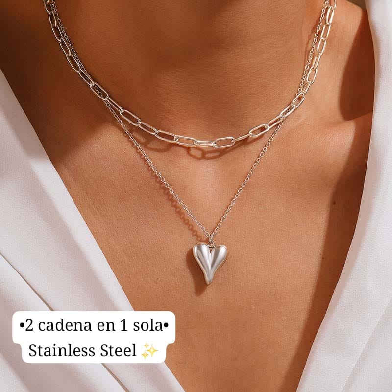 •2 cadena en 1 sola•
(Diseño eslabon largo/ corazon)
(Plata)