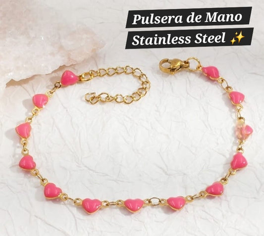 Pulsera de Mano Corazón 🩷 (Dorada, Rosa)