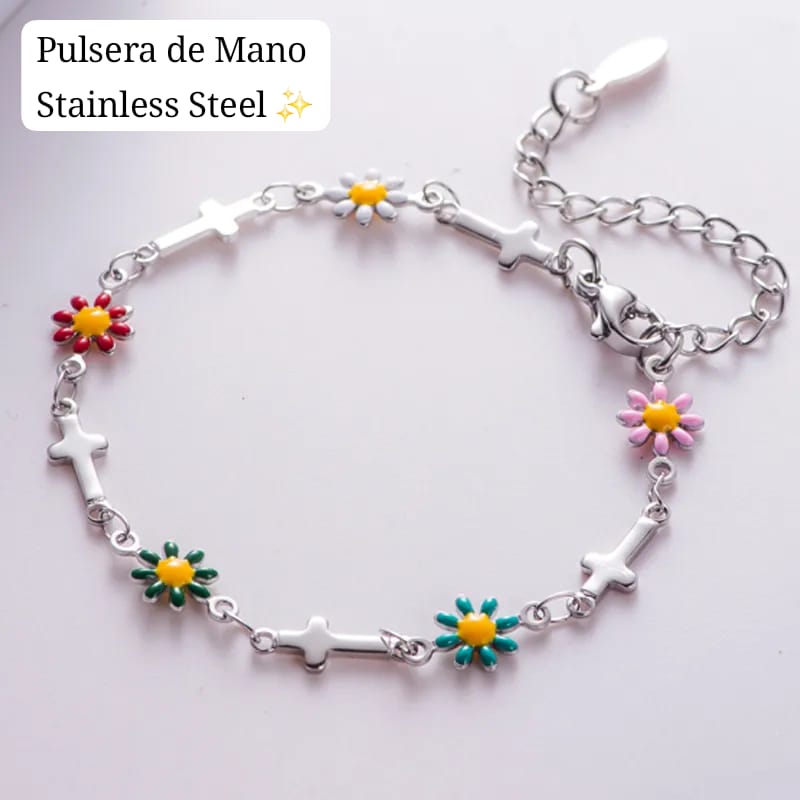 Pulsera de Mano Cruz Girasoles (plateada) ✝️🌻✨️