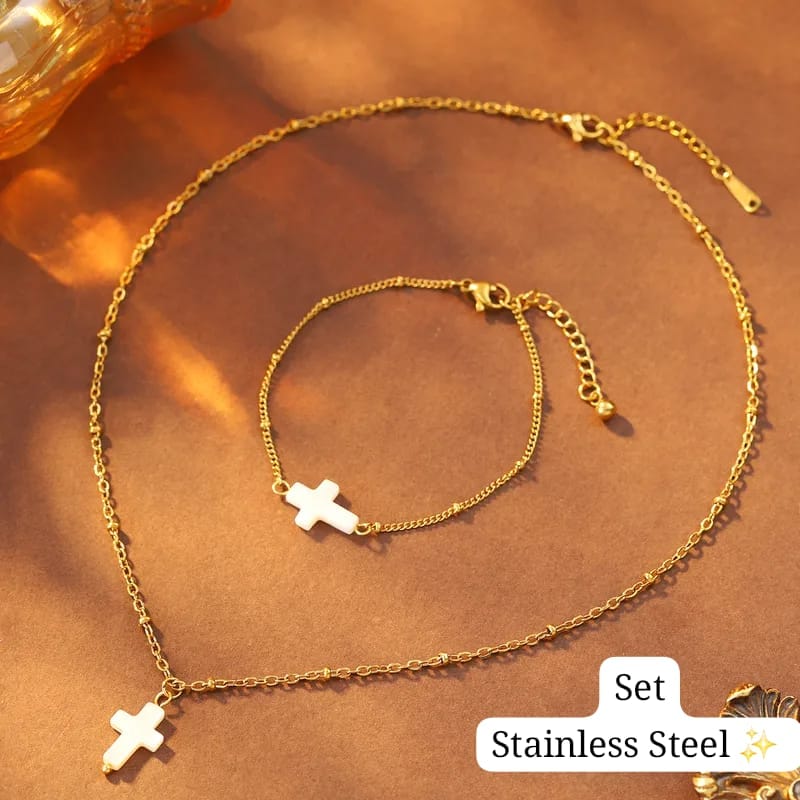 Set Cadena +Pulsera
 (Cruz Blanco/Dorado)