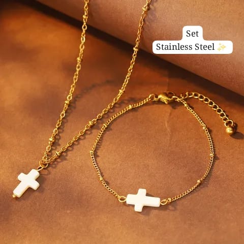 Set Cadena +Pulsera
 (Cruz Blanco/Dorado)