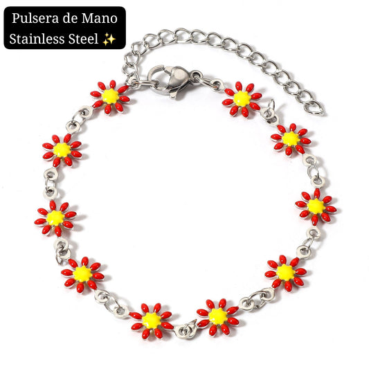 Pulsera de Mano Flor/ Girasol 🌻 (plata,rojo)