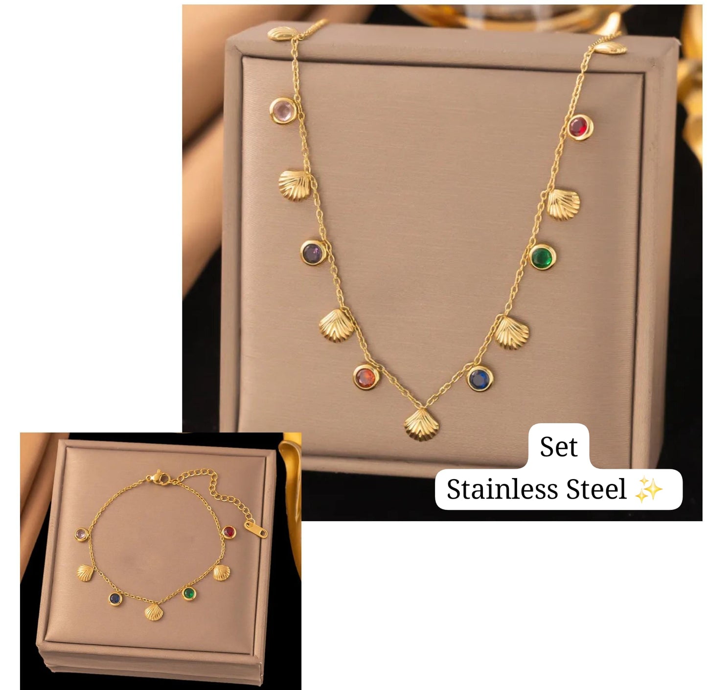 Set de concha diamantes de colores (dorado)✨️