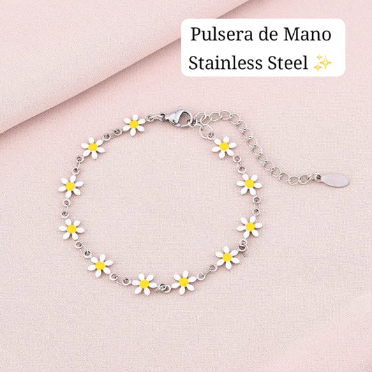 Pulsera de Mano Flor/ Girasol 🌻 (plata,blanco)