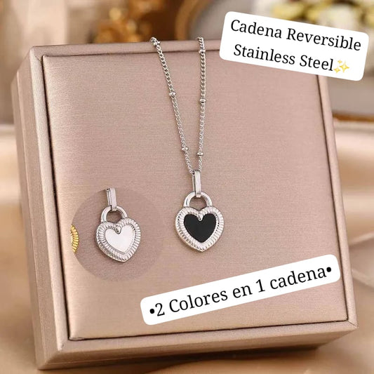 Cadena Reversible 2 colores en 1  Corazón (negro, blanco) Plata❤️