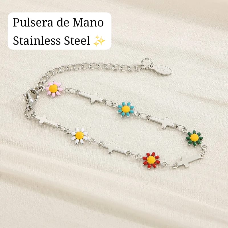 Pulsera de Mano Cruz Girasoles (plateada) ✝️🌻✨️
