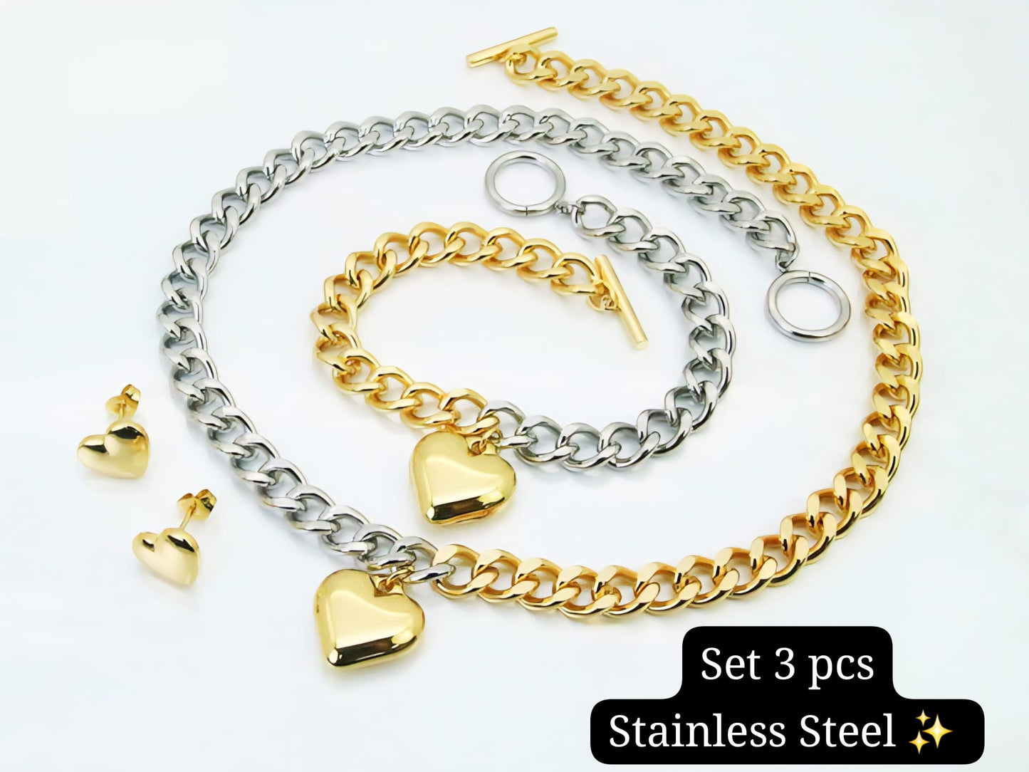 Set 3pcs corazon cadena 2 tonos✨️
