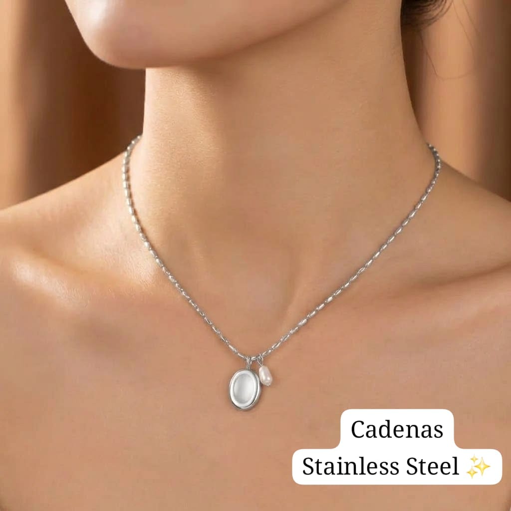 Cadena estilo granos con charm circular y perla (Plata)🤍