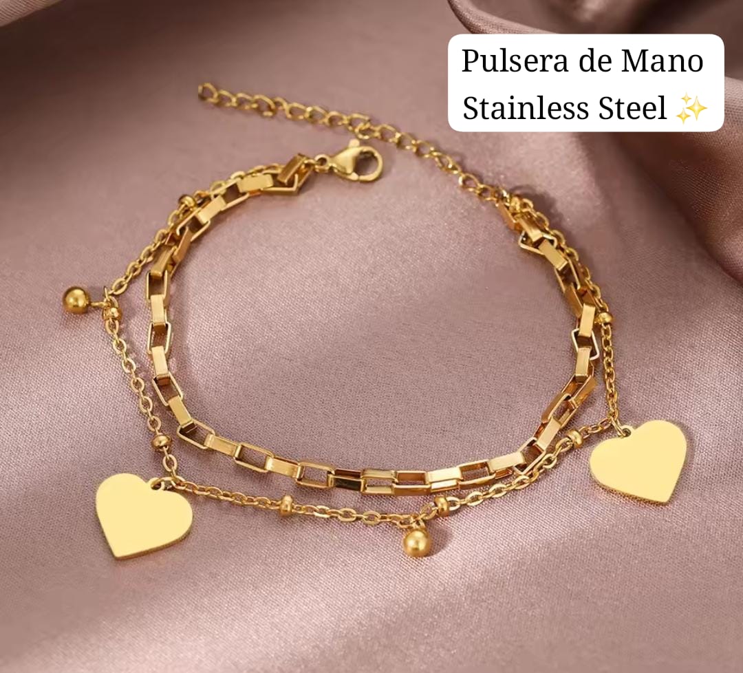Pulsera de Mano Corazon 2 cadena en 1 Pulsera (Dorado) ✔️ 💛