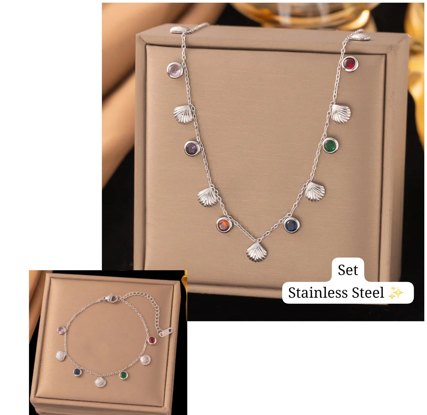 Set de concha diamantes de colores (Plata)✨️