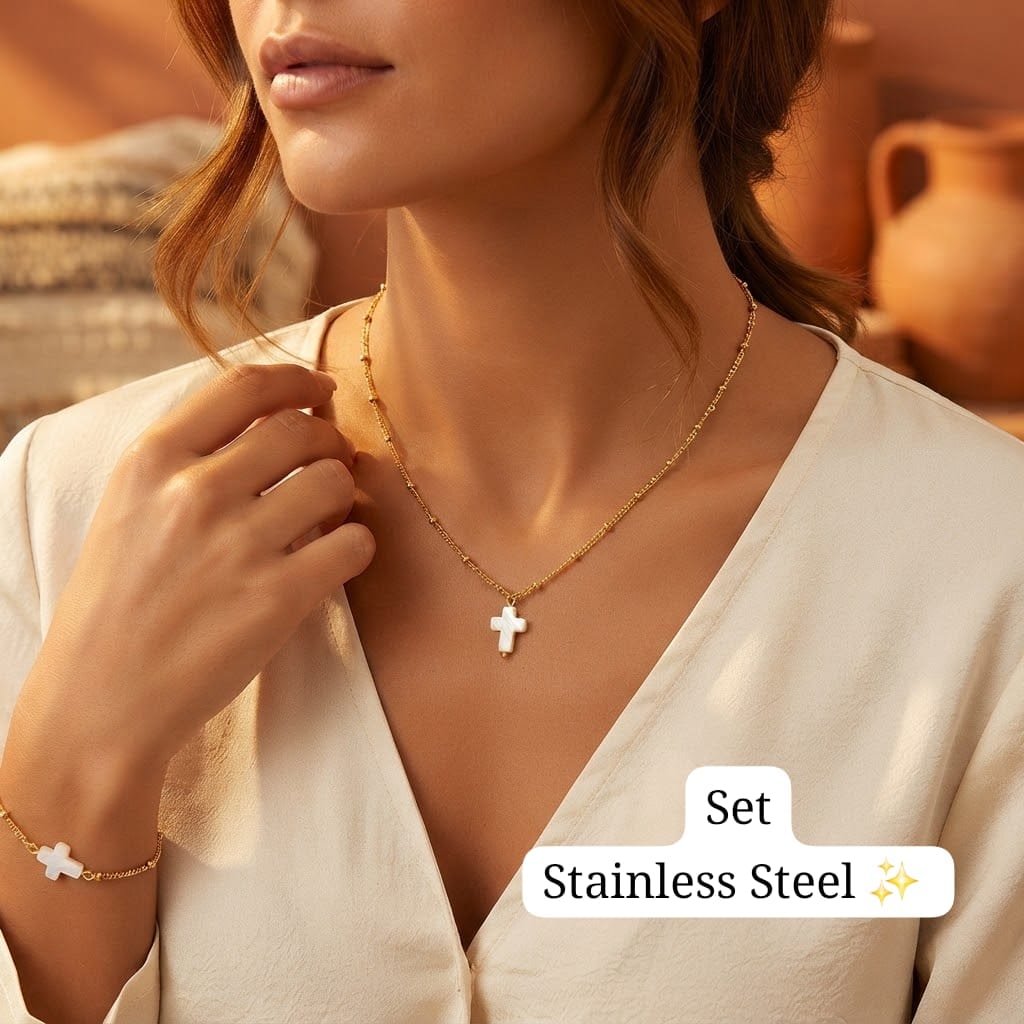 Set Cadena +Pulsera
 (Cruz Blanco/Dorado)