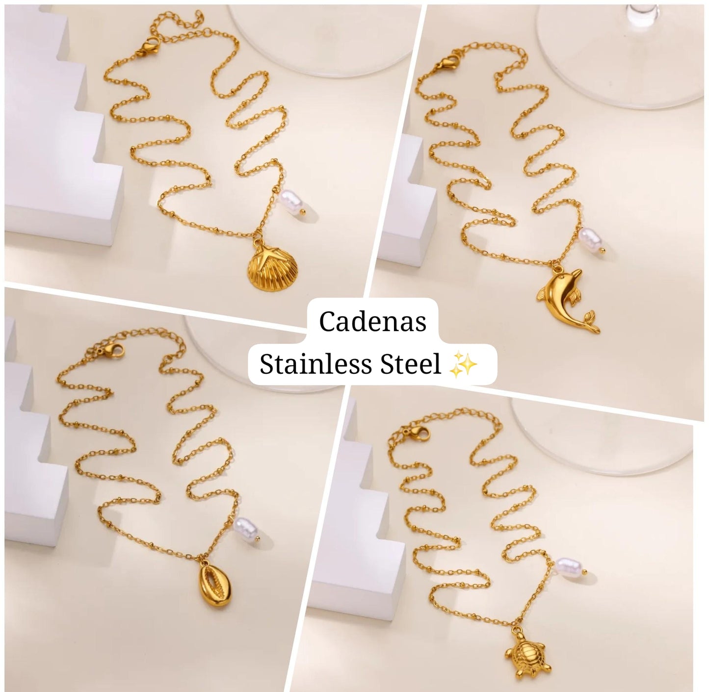 Cadenas Diseño Verano⛱️🐌🐢 (perla /dorado)