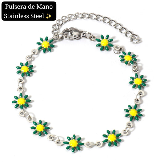 Pulsera de Mano Flor/ Girasol 🌻 (plata,verde)