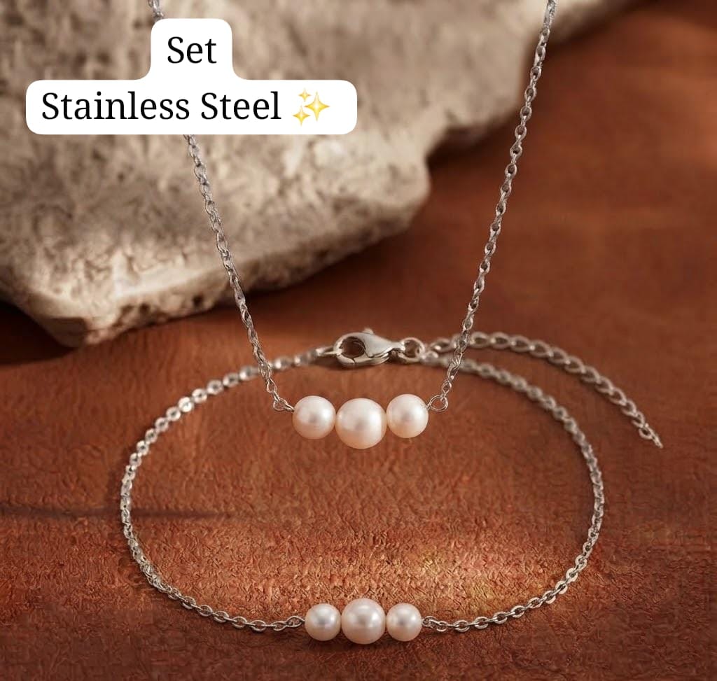 Set Cadena+Pulsera 3 perlas (Plata)✨️